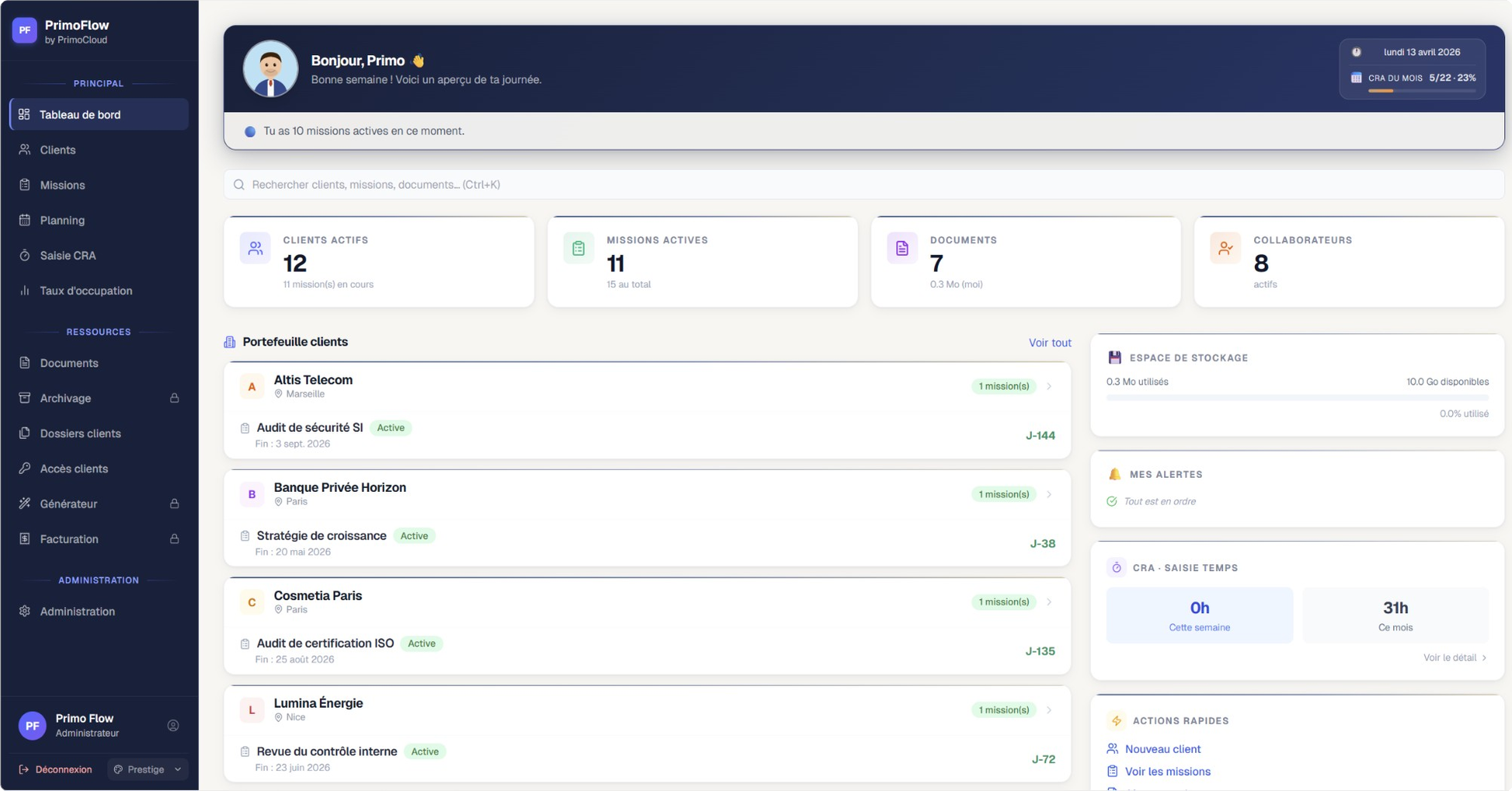 PrimoFlow - Tableau de bord
